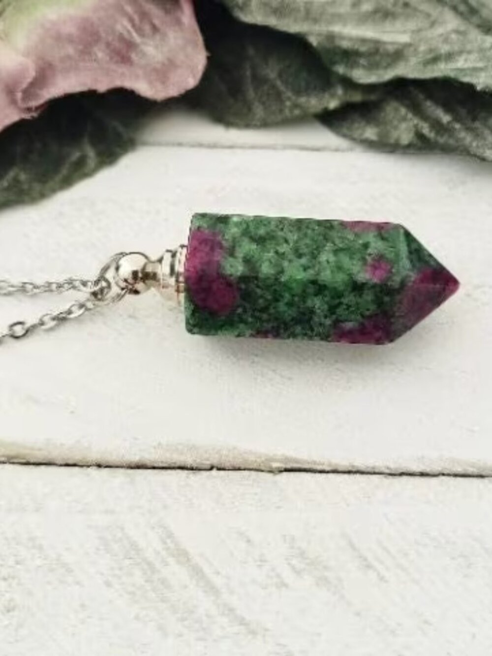 Ruby Zoisite Crystal Locket Pendant Necklace Stainless Steel Chain Keepsake